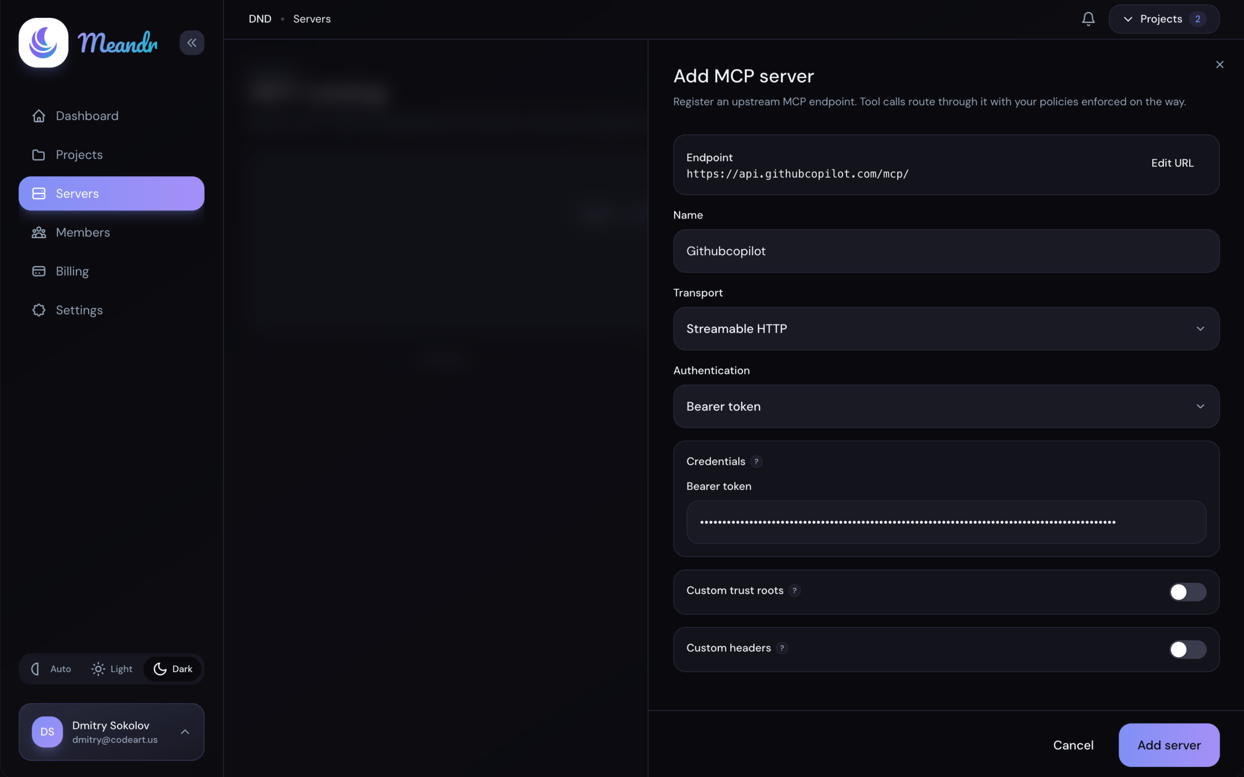 The add-a-server form in Meandr