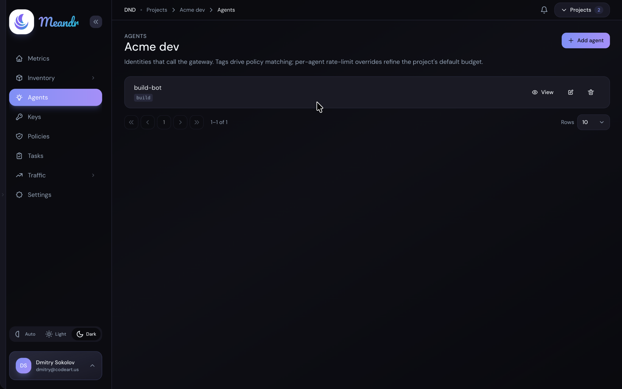 The list of agents in a Meandr project