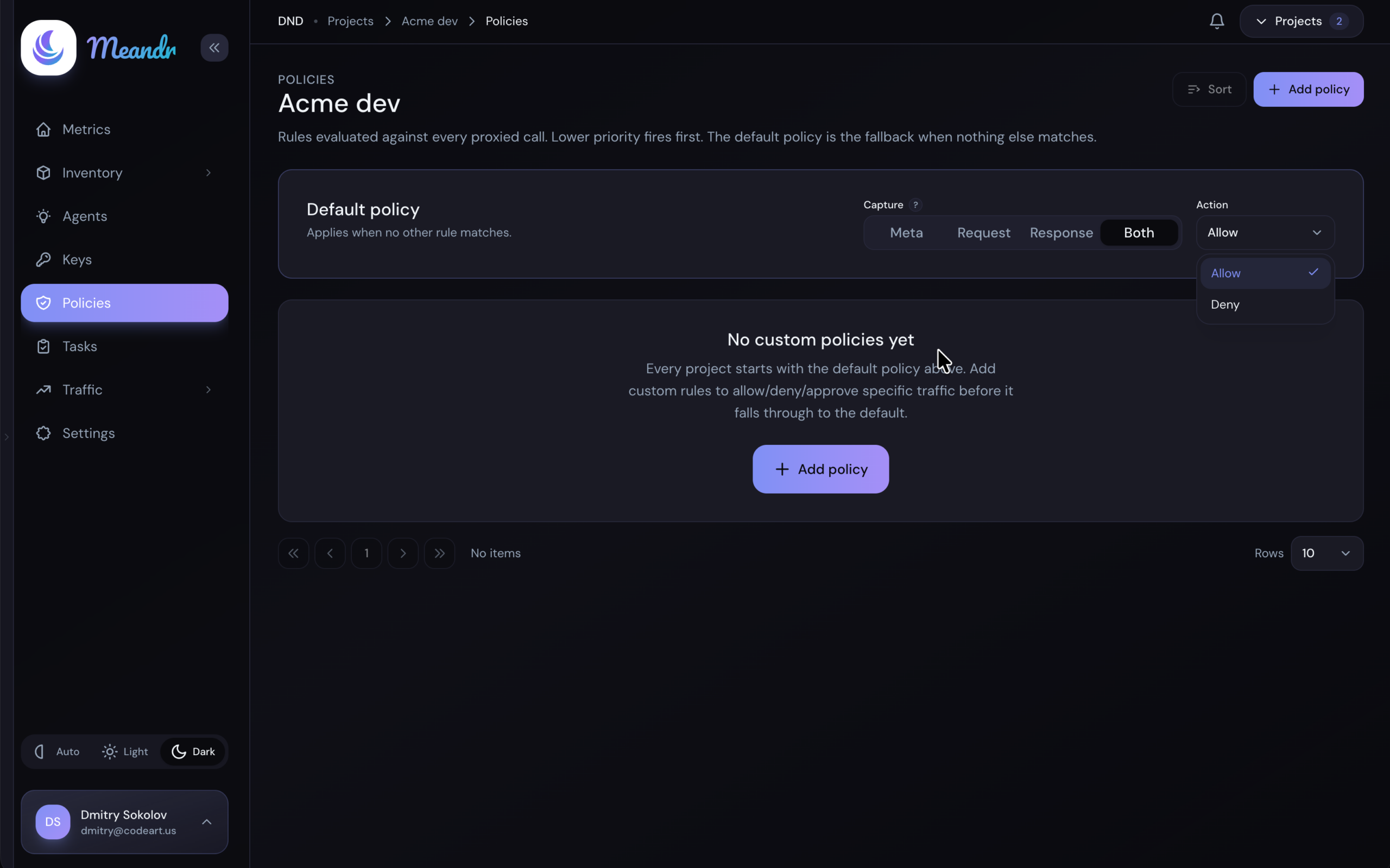 Setting the project default policy to allow