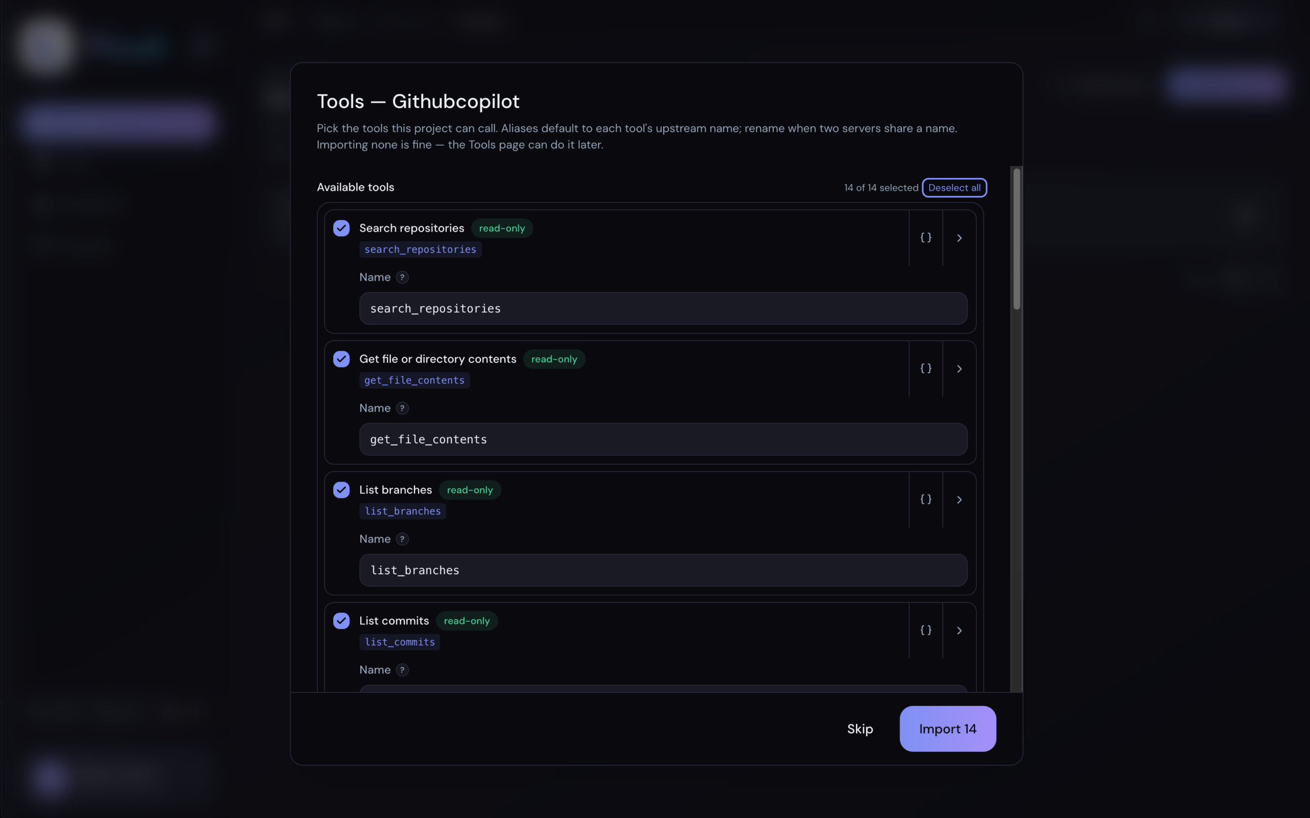 Choosing which of the server's tools a project can call