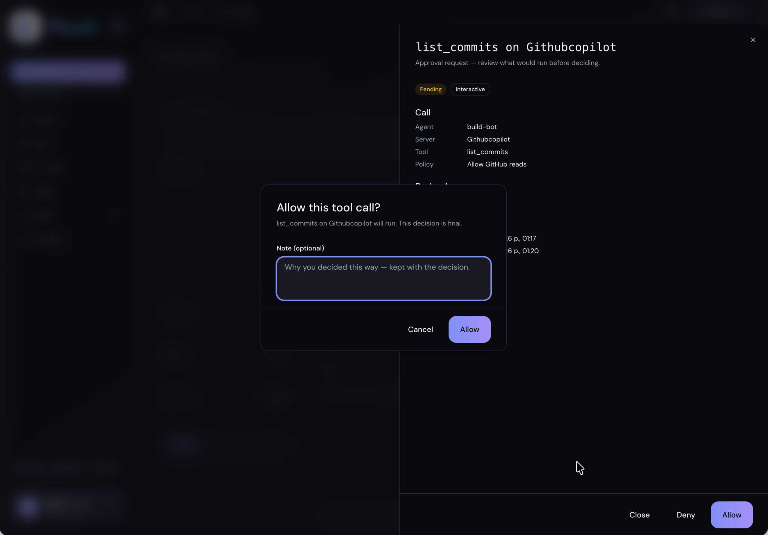 The final confirmation dialog for a tool call